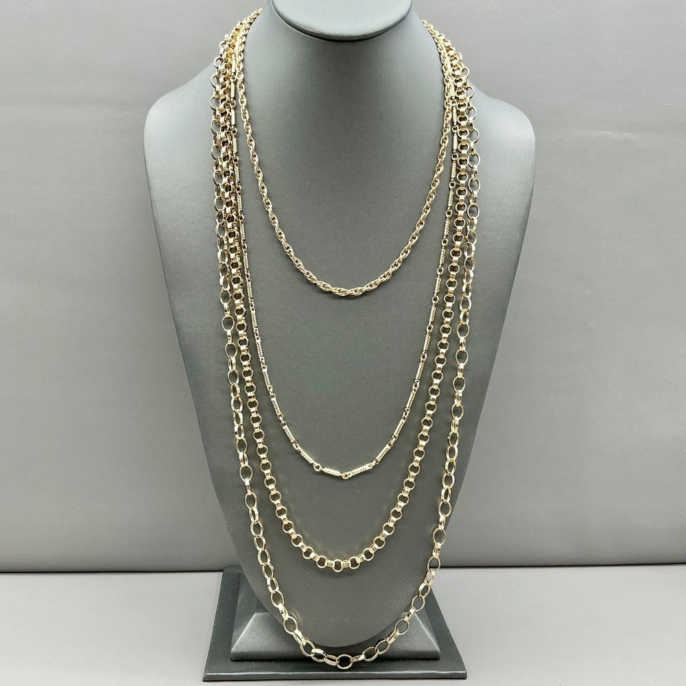 Multi Strand Layered Necklace Women Gold Tone Mixed Chain Links Textured Clasp